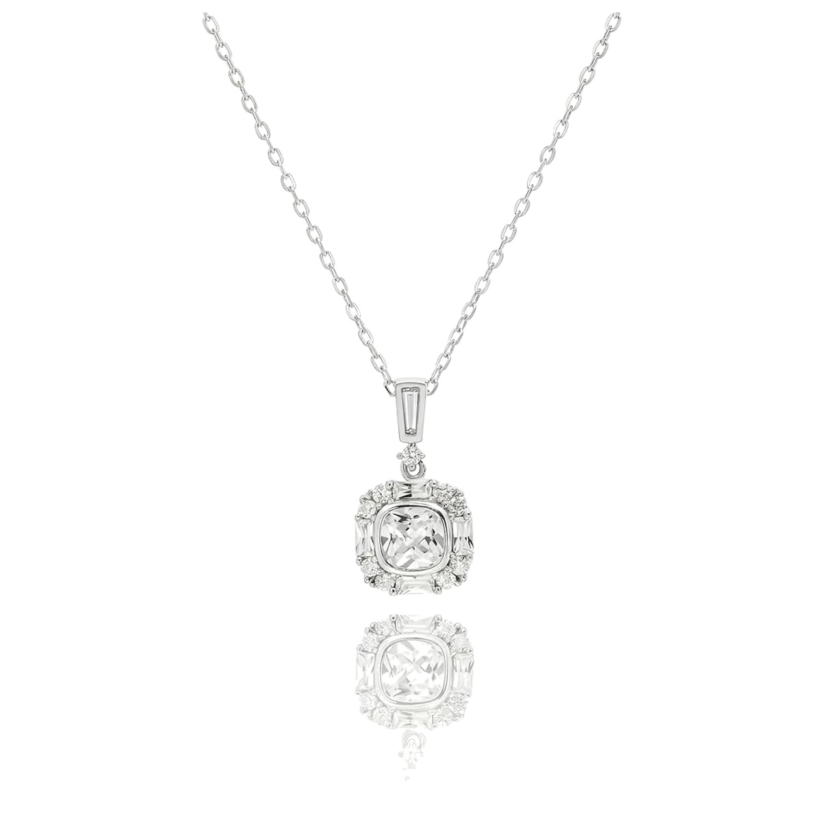 Silver square halo necklace on a white background